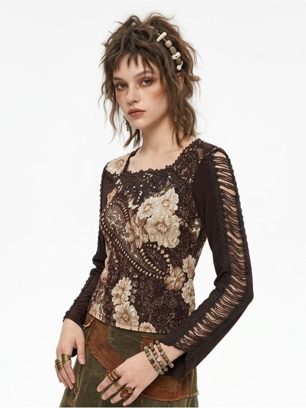 Y2K Goblincore Chocolate Brown Lace Cutout Top Square Neck Paisley Fairycore